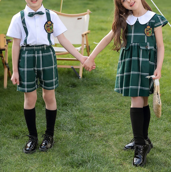 사용자 정의 디자인 여름 편안한 반팔 소년과 소녀 녹색 격자 무늬 셔츠 정장 초등학교 교복