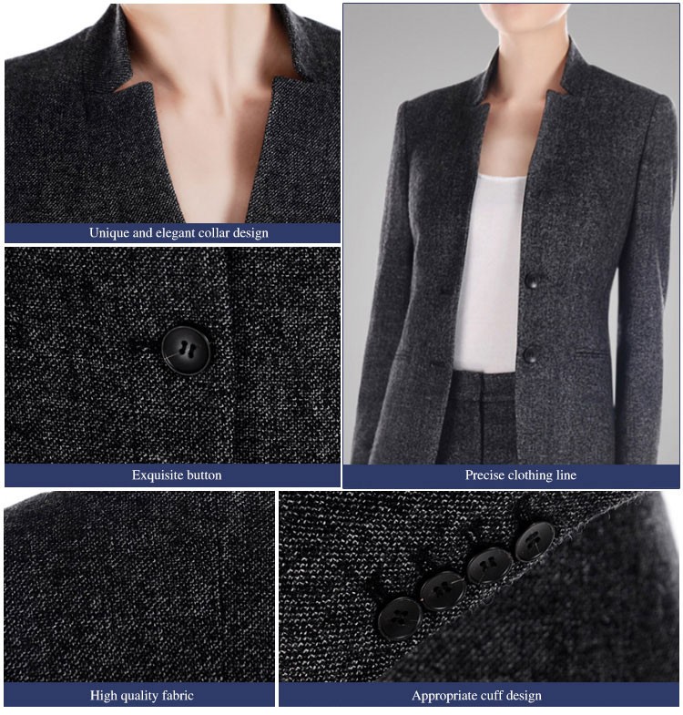 도매 맞춤형 독특한 V 넥 디자인 다크 그레이 여성 긴팔 싱글 브레스트 슈트