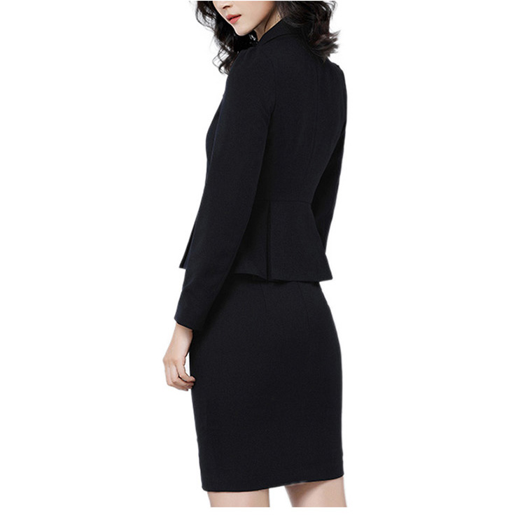 독특한 밑단 디자인 솔리드 블랙 컬러 여성 더블 브레스트 블레이저 및 싱글 사이드 슬릿 스커트