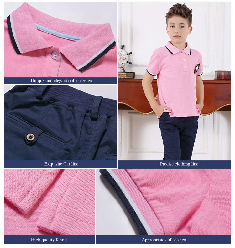 사용자 정의 디자인 100% 면 유치원 여름 유니폼 편안한 소년과 소녀 패션 핑크 폴로 셔츠 한 벌