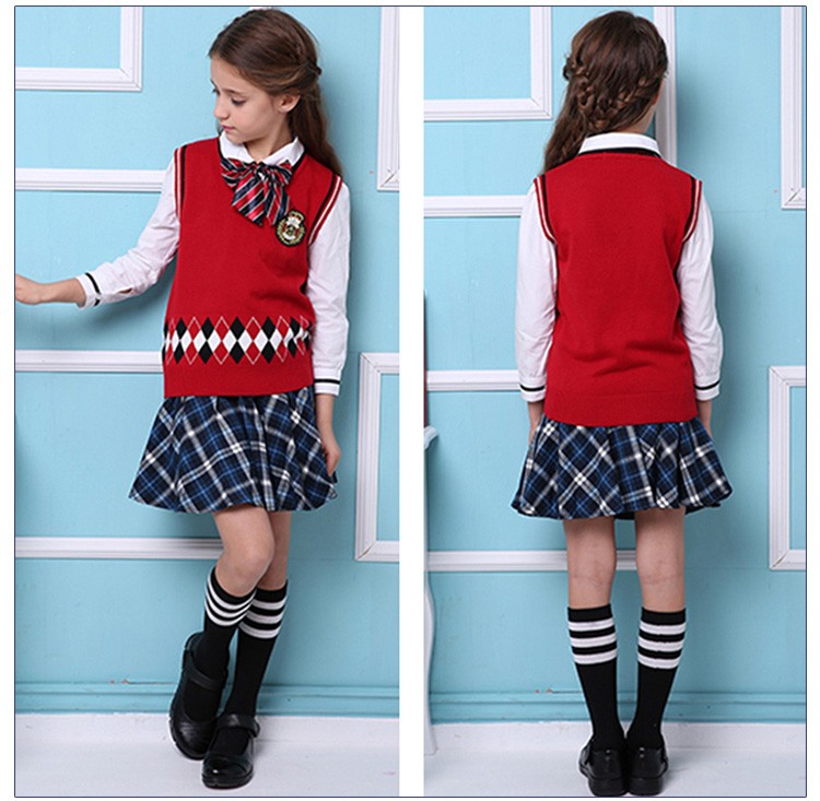 영국 스타일 여고생 학생 제복 빨간 격자 무늬 주름 치마 정장