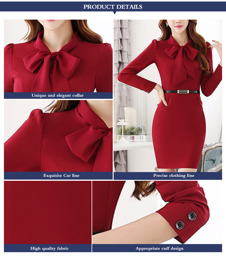 벨트를 가진 우아한 숙녀 빨간 사무실 활 긴 소매 튜닉 복장을 주문 설계하십시오