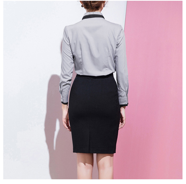 사용자 정의 디자인 여성 사무실 턴다운 칼라 긴 소매 회색 셔츠와 중간 송아지 스커트