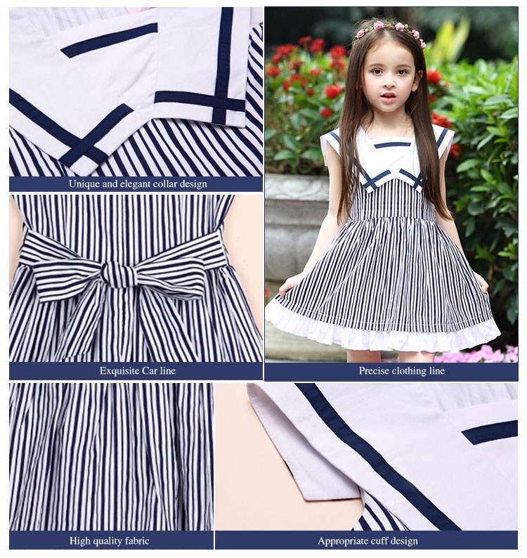 독특하고 우아한 칼라 디자인의 여름 소녀 민소매 A 라인 스트라이프 드레스 