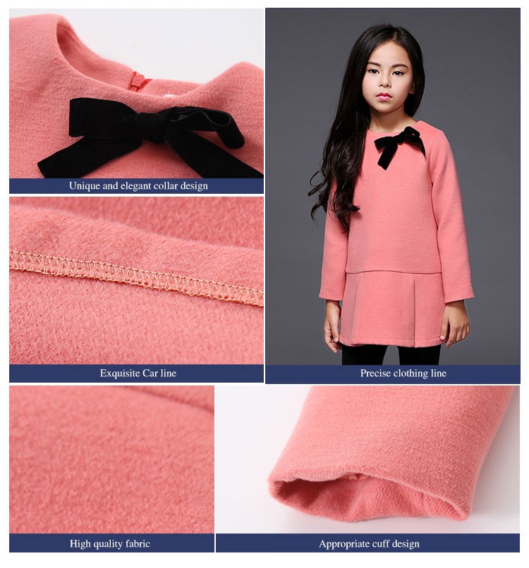 사용자 정의 디자인 사용자 정의 디자인 소녀 솔리드 컬러 긴 소매 지퍼 백 스트레이트 드레스와 나비 매듭