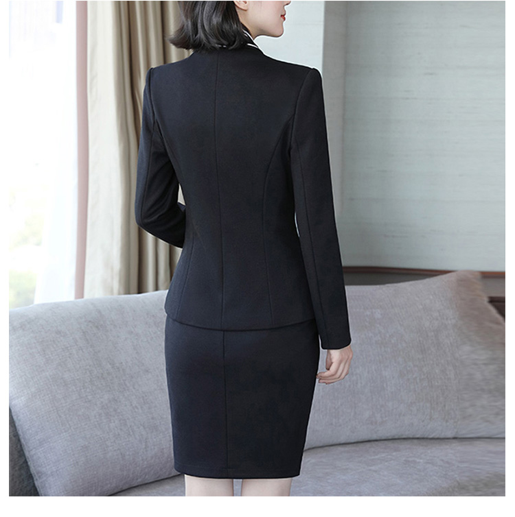 사용자 정의 디자인 솔리드 블랙 컬러 여성 사무실 라운드 헴 긴 소매 싱글 버튼 블레이저 및 맞춤형 스커트