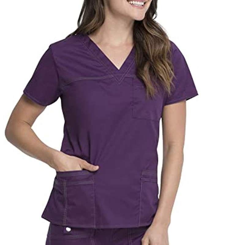 맞춤형 100% 면 유행 간호사 유니폼 디자인 V-넥 솔리드 스크럽 탑