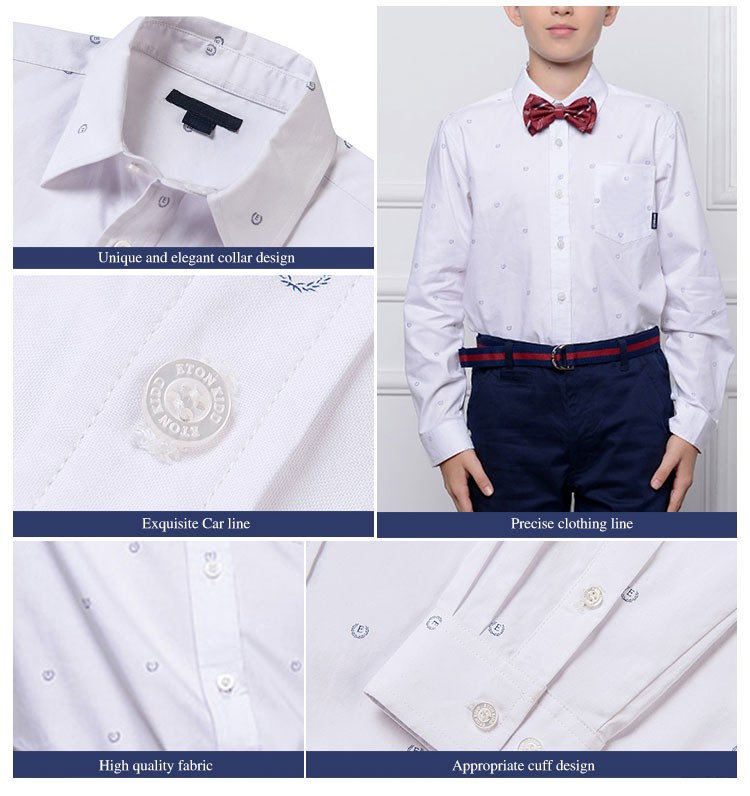사용자 정의 디자인 100% 면 턴다운 칼라 인쇄된 소년 긴 소매 흰색 셔츠 