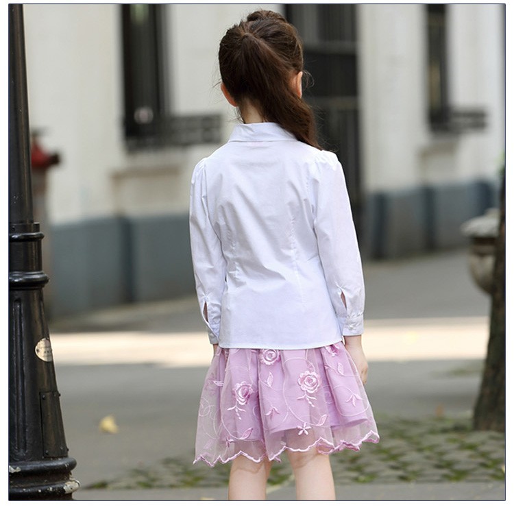 사용자 정의 디자인 2 조각 공주 스타일 여자 레이스 긴 소매 흰색 셔츠와 거즈 스커트