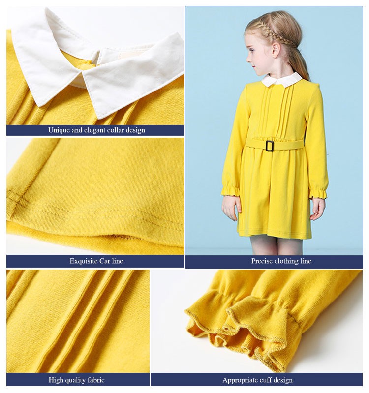 벨트가 있는 봄 단색 긴 소매 어린 소녀 A 라인 드레스를 사용자 정의 디자인하십시오