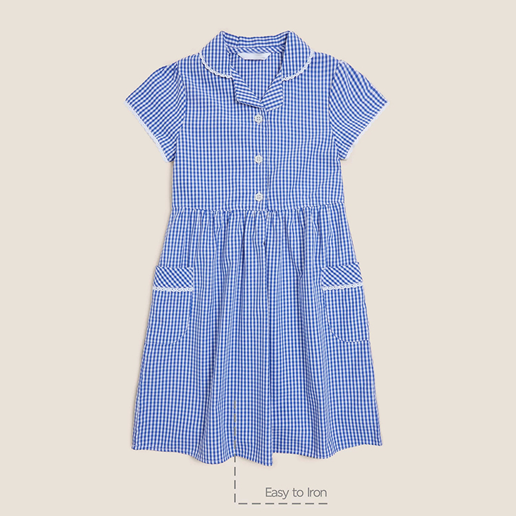 사용자 정의 디자인 여름 아시아 교복 격자 무늬 파란색 반팔 어린 소녀 a 라인 드레스 포켓