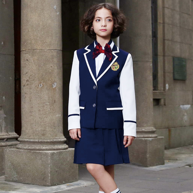 최신 디자인 맞춤형 스플라이싱 네이비 블루 교복 소년과 소녀 학교 블레이저 세트 