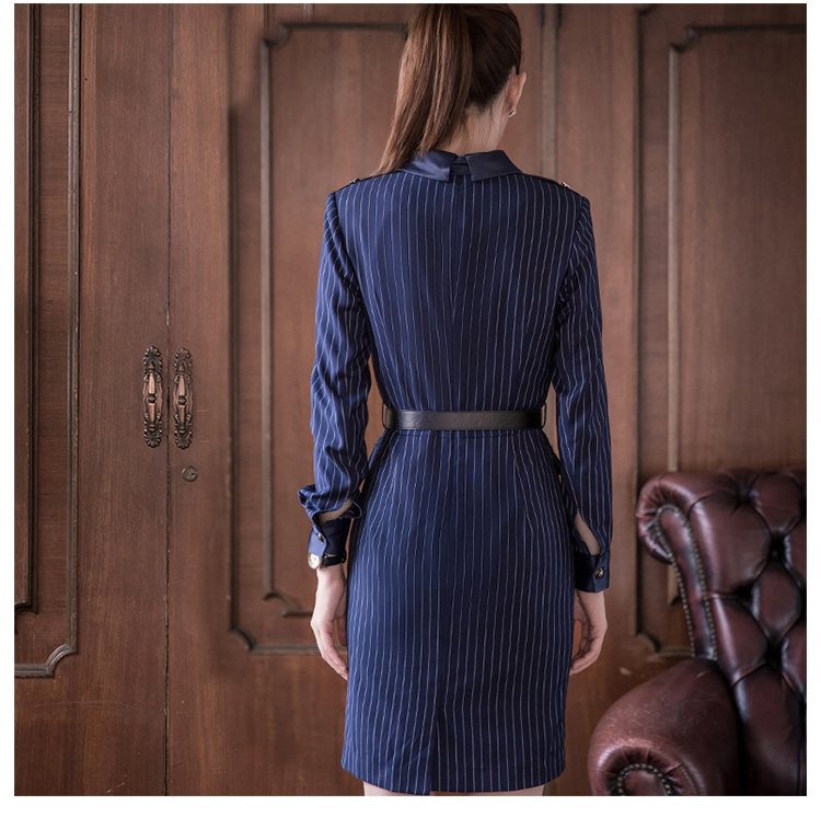벨트가있는 턴 다운 칼라 오피스 레이디 긴 소매 화이트 스트라이프 블루 드레스를 사용자 정의 디자인