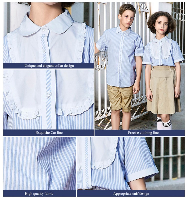  여름 가을 반팔 초등학교 옷 100% 면 스트라이프 패턴 교복 셔츠 