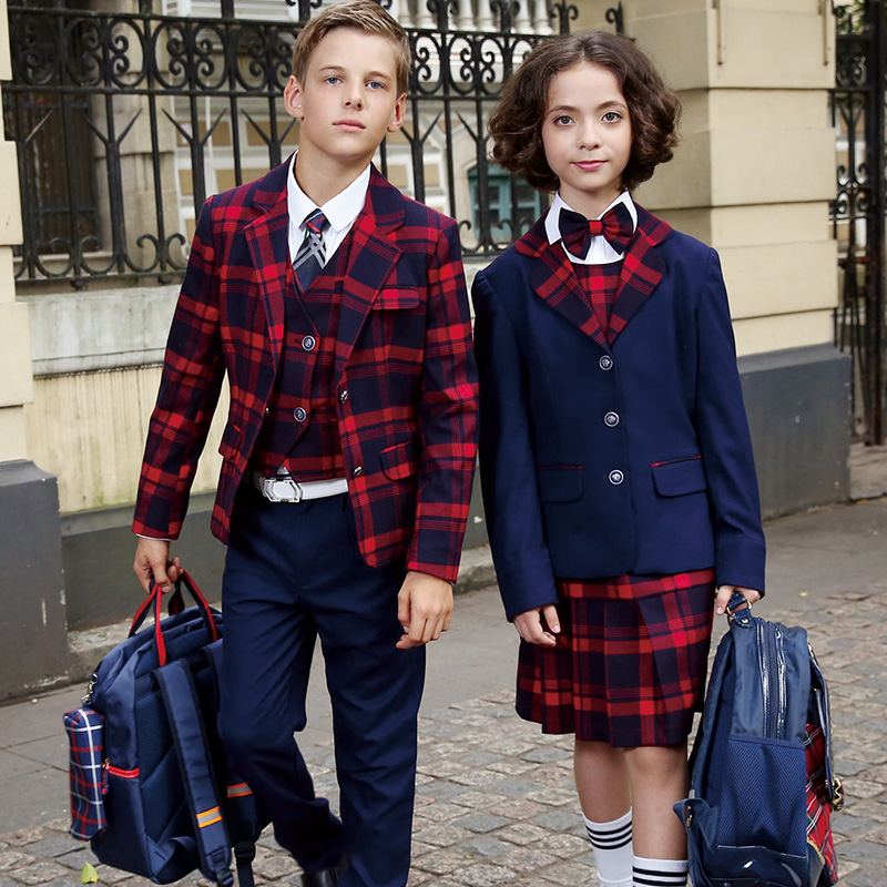 OEM 디자인 맞춤형 초등학교 빨간 격자 무늬 패턴 교복 로고 소년 소녀 블레이저