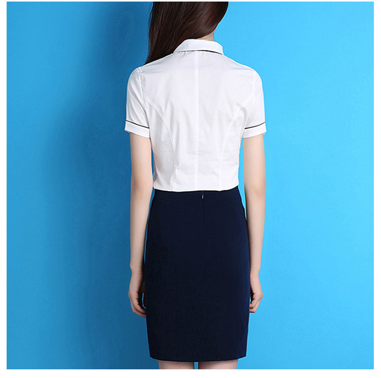 사무실 숙녀 짧은 소매 단 하나 브레스트 흰색 셔츠와 진한 파란색 치마를 주문 설계하십시오