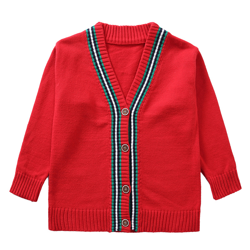사용자 정의 디자인 봄 초등학교 교복 긴 소매 싱글 브레스트 V 넥 레드 어린이 스웨터