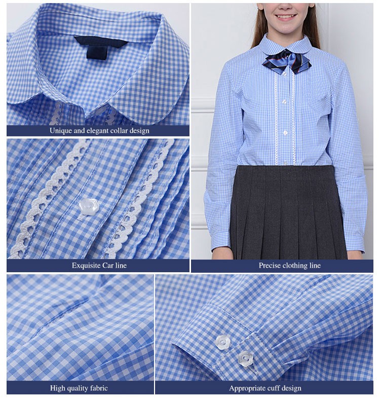 사용자 정의 디자인 턴 다운 칼라 걸스 레이스 긴 소매 격자 무늬 셔츠