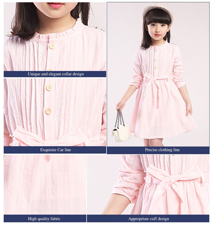 사용자 정의 여름 어린이 편안한 옷 레이스 목 긴 소매 솔리드 컬러 소녀 A 라인 드레스 디자인 